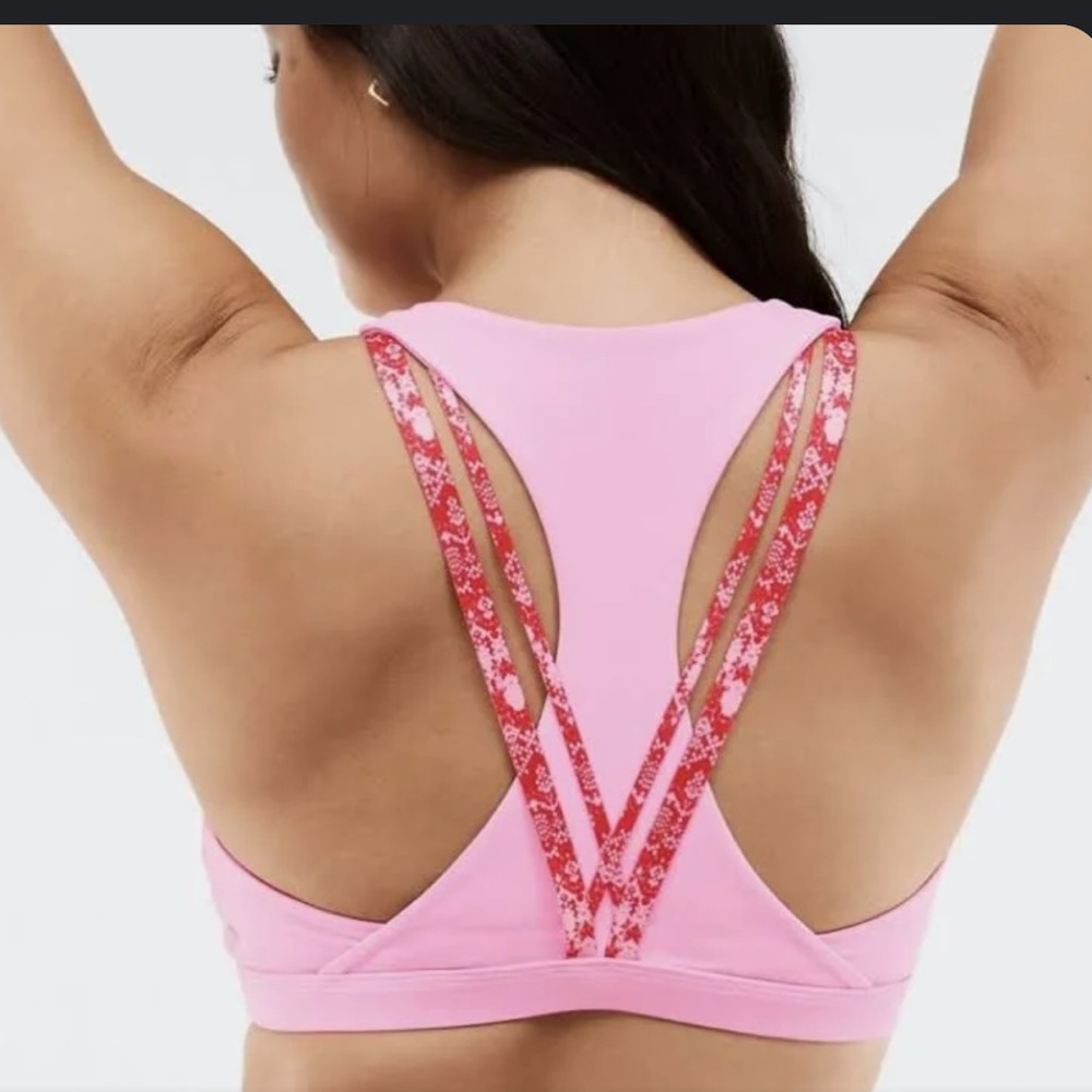 Fabletics Pink Strappy Sports Bra with Floral-Print Straps